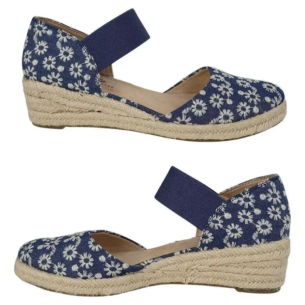 LifeStride Kaylee Sandals 9.5M Blue Denim Embroidered Wedge Heel Espadrille
